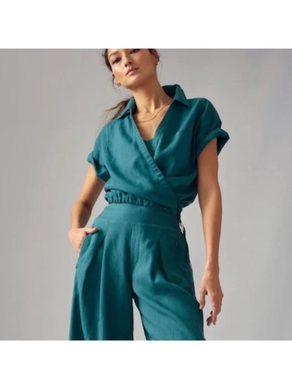 Athleta Teal Short-Sleeve Wrap Blouse
